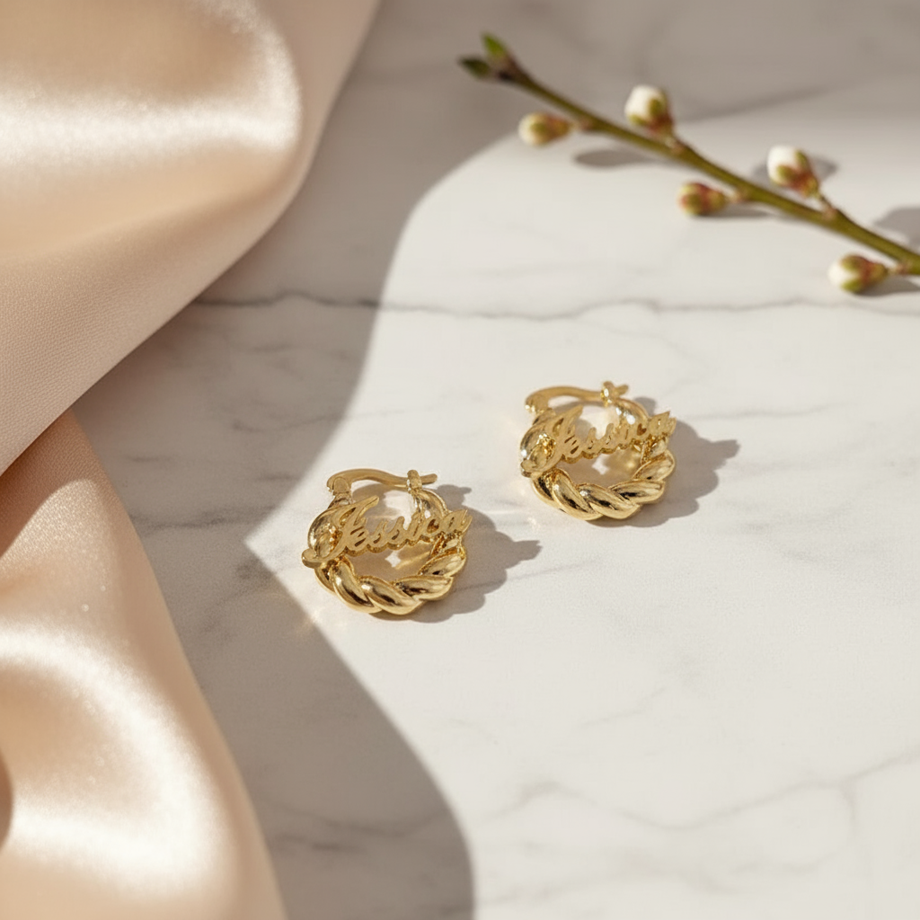 Customized Personalized Dainty Hoops Earrings in Elegant Setting